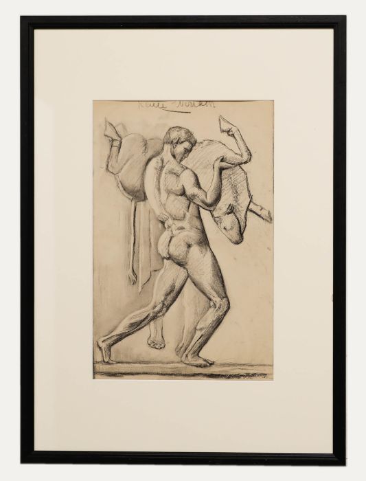 Renée Wiriath - Early 20th Century Charcoal Drawing, Athlete and the Bull