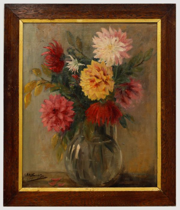 French Early 20th Century Oil - Dahlias