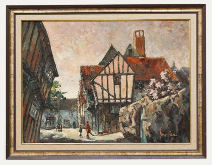 June Bevan (b.1927) - 20th Century Oil, Market Square at Lavenham, Suffolk