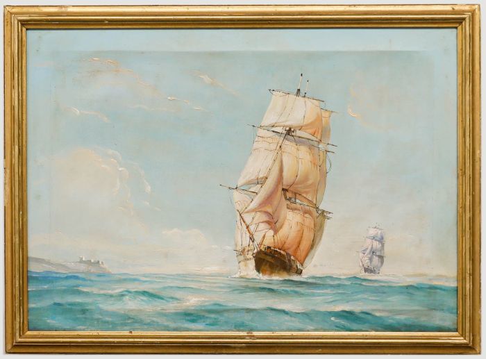 For Restoration Late 19th Century Oil - Tall Ship on Calm Seas