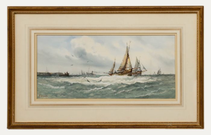 W. Stewart - Framed Early 20th Century Watercolour, Fishing Boats Off the Coast