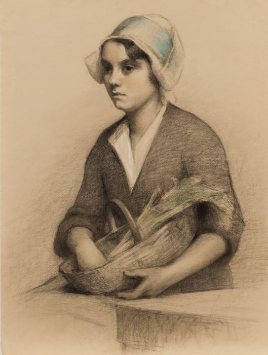 G. Querville - 1936 Graphite Drawing, Woman with Basket of Vegetables