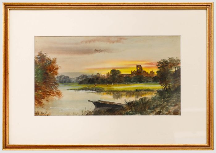 W. Davy  - 19th Century Watercolour, sunset Over Kirkstall Abbey