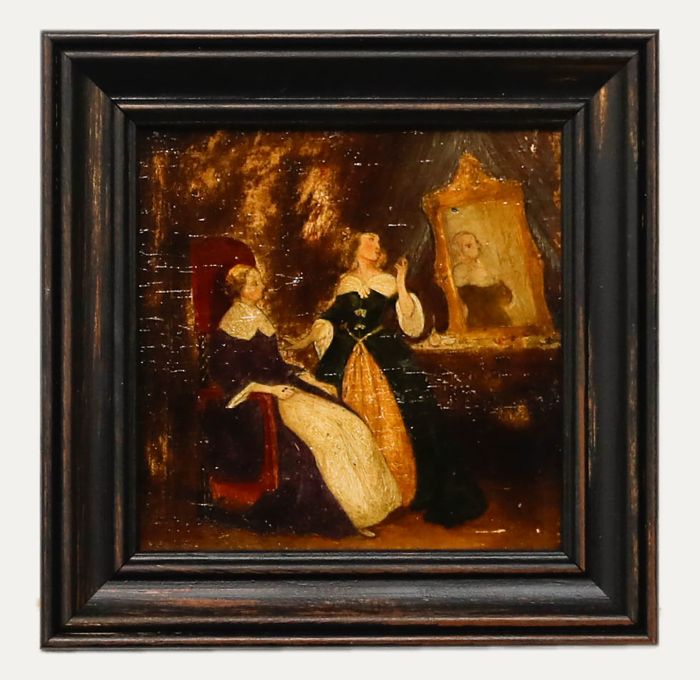 Framed 19th Century Oil - Noblewoman and her lady-in-waiting