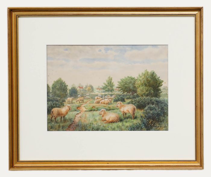 Henry J. Rhodes - Framed Late 19th Century Watercolour, Sheep on Mitcham Common