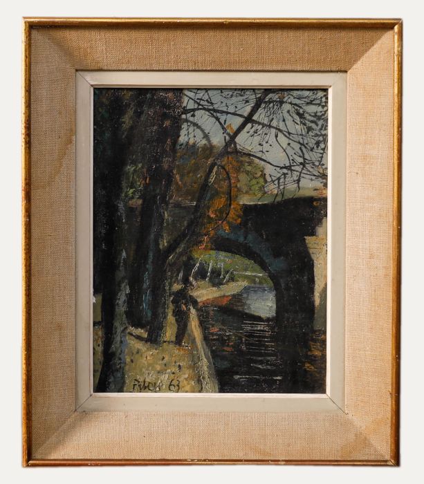 Pilou - Framed Mid 20th Century Oil, Fishing near the Bridge