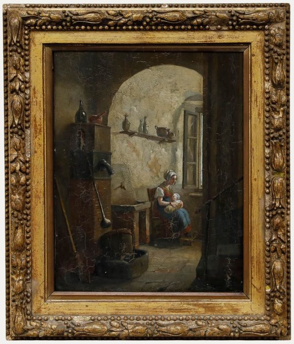 Manner of Constantinus F. Coene (1779-1841) - 1827 Oil, Nursing in the Pantry