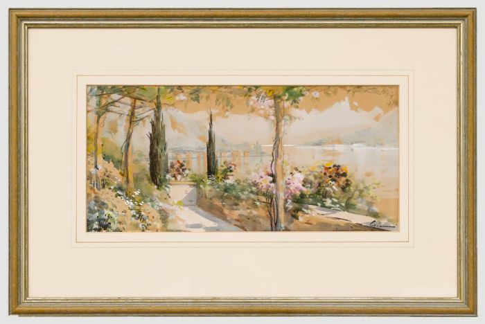 Gianni - Framed Early 20th Century Watercolour, Terrace on the Lake
