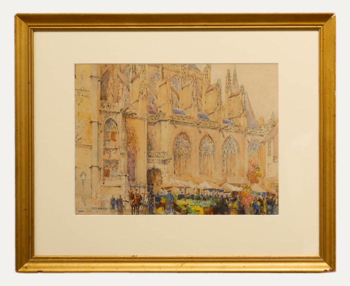 Sydney T. C. Weeks (1878-1945) - Watercolour, Crowds at the Cathedral Market 
