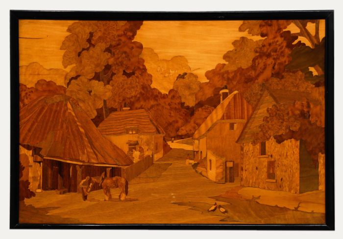 Rowley Gallery Style Mid 20th Century Marquetry Panel - Cockington Forge
