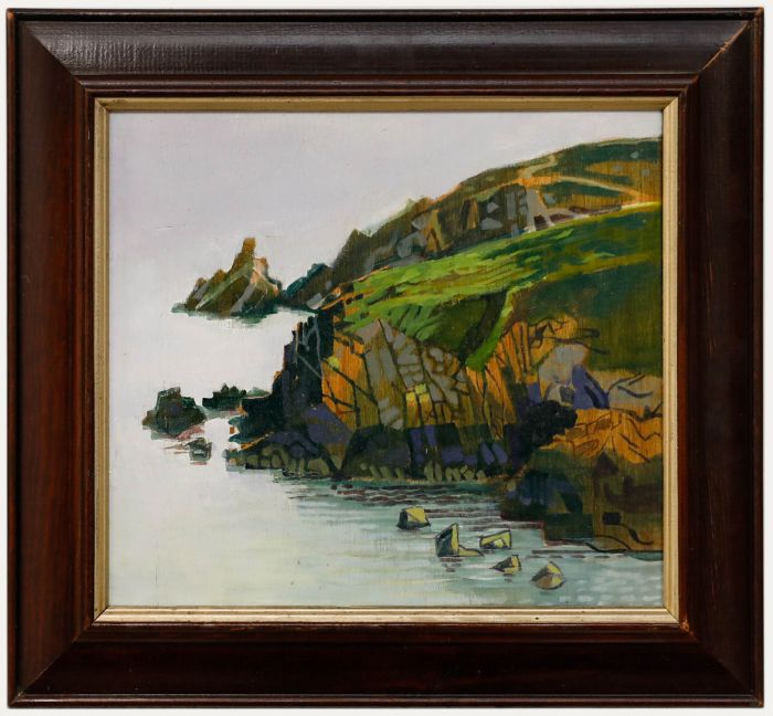 Framed 20th Century Oil - Rocky Cornish Cliffs
