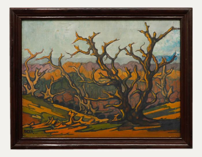 W. Donald Angier - Framed 1933 Oil, Tree Forms, Richmond Park