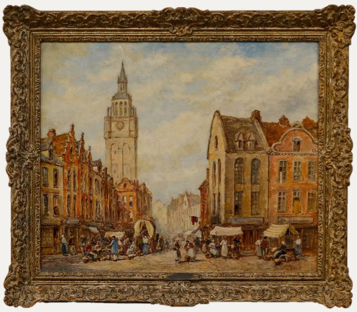 Pierre le Boeuff (fl. 1899-1920) - Framed Oil, A Busy Street in Ghent