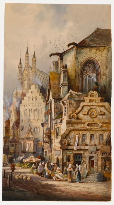 Charles James Keats - Early 20th Century Watercolour, A Market in Leuven