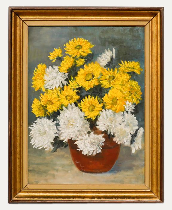 Framed 20th Century Oil - Daisies in a Terracotta Pot