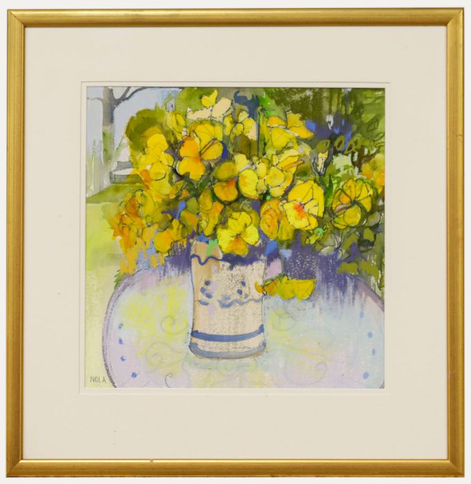 Nola Armstrong - 20th Century Mixed Media, Pansies in the Garden