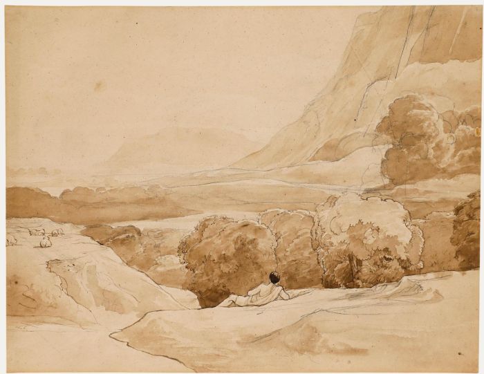 19th Century Watercolour - Classical Landscape, Shepherd in Repose