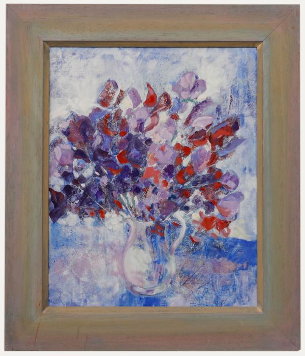 Mary Chugg (1935-2024) - Framed Contemporary Oil, Jug of Sweet Peas