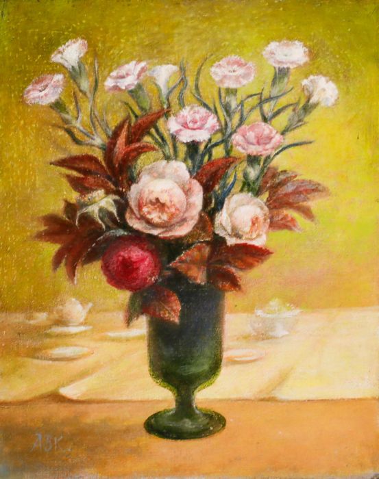 Mid 20th Century Oil - Pink Flowers in a Green Goblet Vase