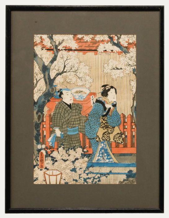 Early 20th Century Japanese Woodblock - Couple in the Blossom Garden