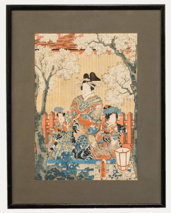 Early 20th Century Japanese Woodblock - Family in the Blossom Garden