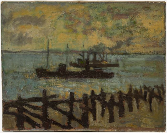 Simon Goldberg (1916-2002) - Mid 20th Century Oil, Steamers in the Harbour