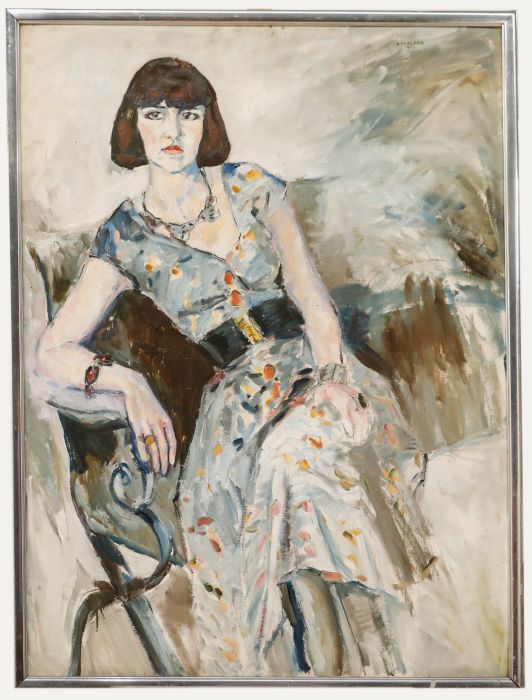 Abraham de Clercq  - Framed 20th Century Oil, Lady in a Floral Dress