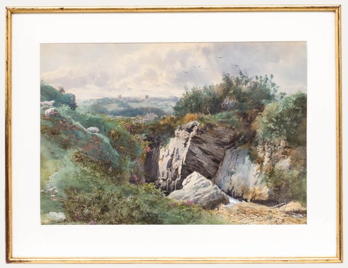 Francis G. Coleridge (1838-1923)- Framed Watercolour, Sheep Grazing near a Gorge