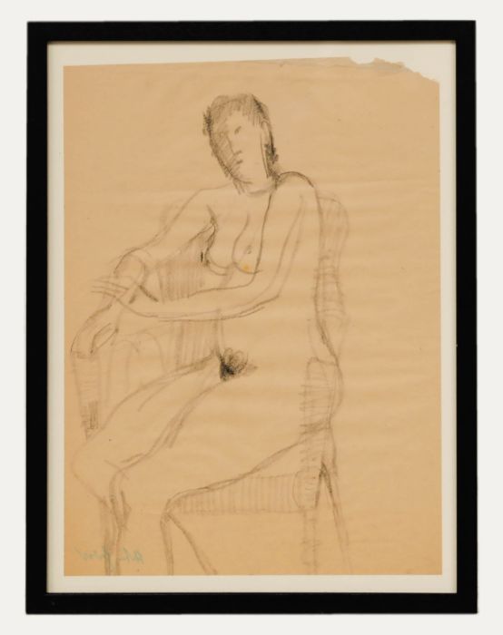 Anton Gold (1914-1970) - Mid 20th Century Charcoal Study, Nude on Whicker Chair