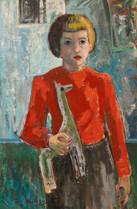 Anton Gold (1914-1970) - 1954 Oil, Girl with a Toy Giraffe