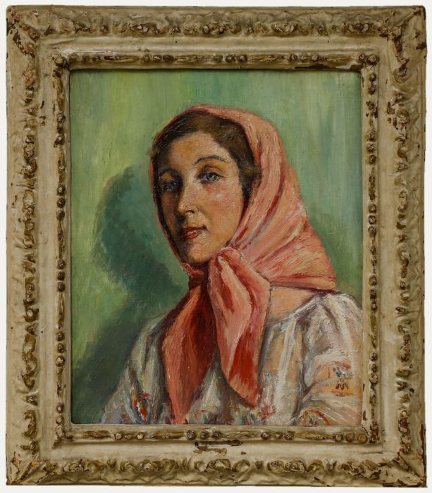 French  Mid 20th Century Oil - Lady in a Pink Headscarf