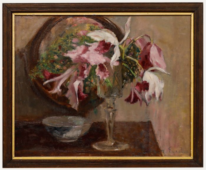 Cecile Hertz-Eyrolles (1875-1974)- Oil, Still Life of Flowers in a Crystal Glass