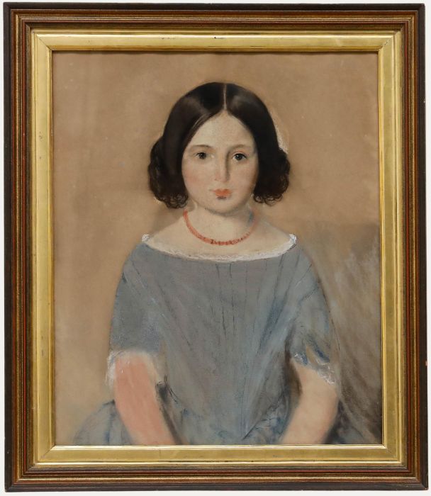 Framed Mid 19th Century Pastel - Girl in Blue Dress