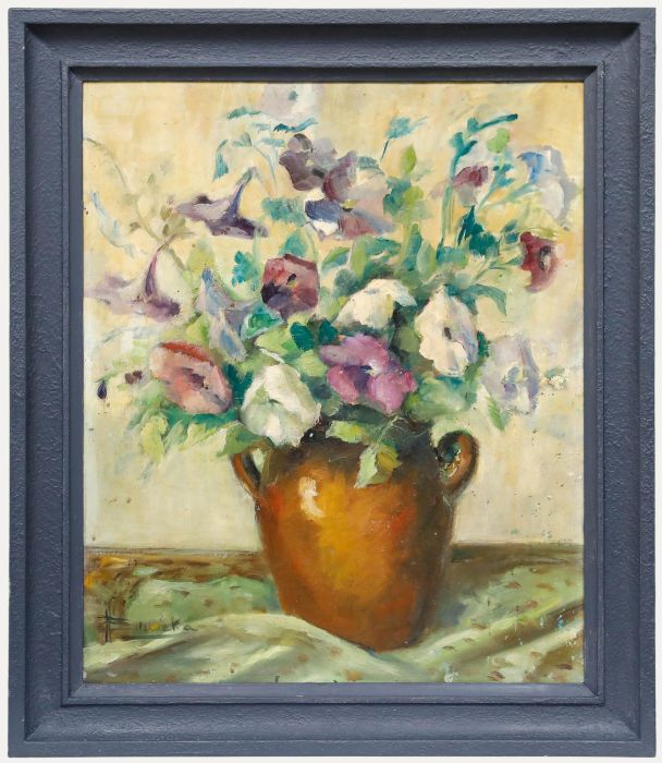 Framed 20th Century Oil - Flowers in a Terracotta Pot