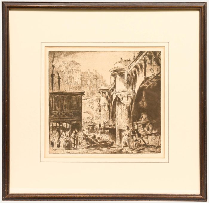 Sir Frank Brangwyn RA (1867-1956) - Etching, Workers on the Pont Neuf bridge