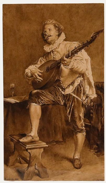 After Jean Louis Ernest Meissonier - Watercolour, Mandolin Player