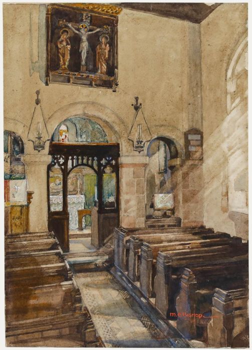 M.E. Bishop - Early 20th Century Watercolour, St Wulfran's Church Interior