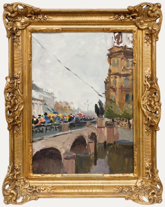 M. Kazehko - Framed 20th Century Oil, Crowds on the Town Bridge