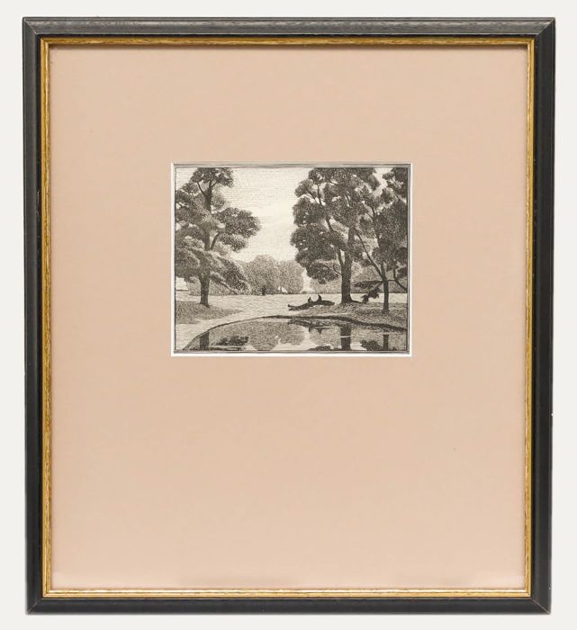 Gwendolen Raverat (1885-1957) - Framed 1917 Wood Engraving, Elms by a Pond