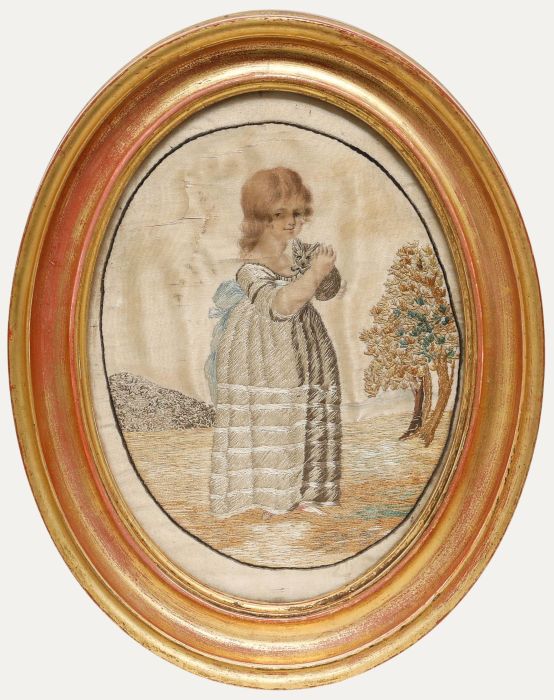 Framed Georgian Early 19th Century Embroidery - Girl with Kitten