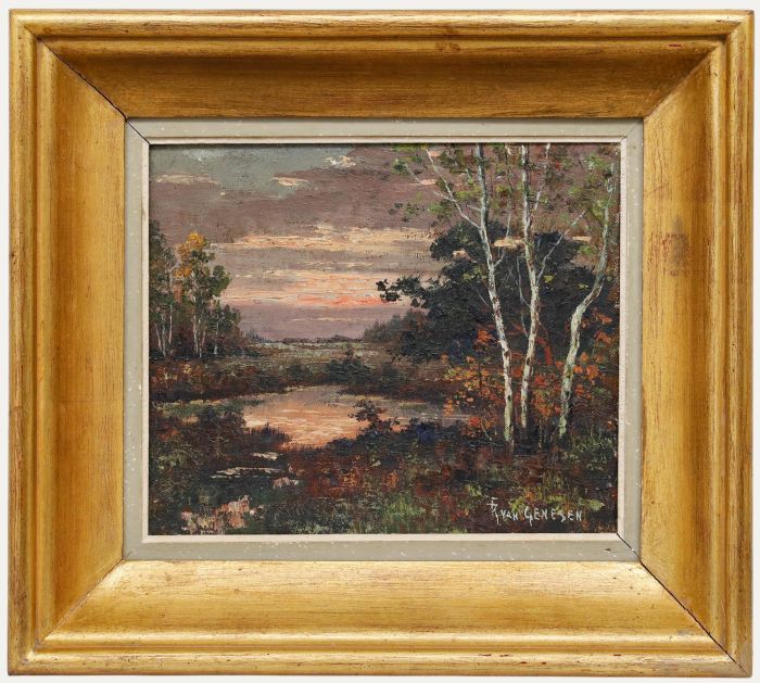 Franz Van Genesen (1887-1945)  - Framed Early 20th Century Oil, Lake at Dusk