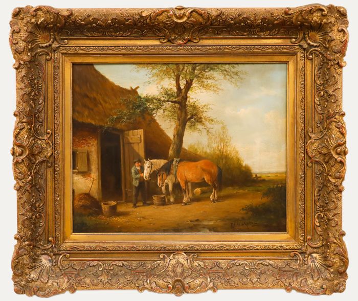 German School Framed Early 20th Century Oil - A Farmer Feeding Horses