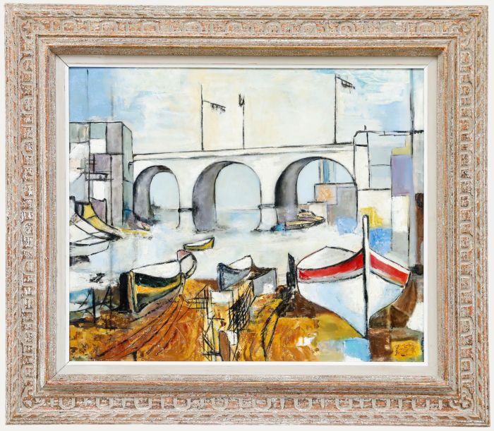Framed 20th Century Oil - Bridge near the City Harbour