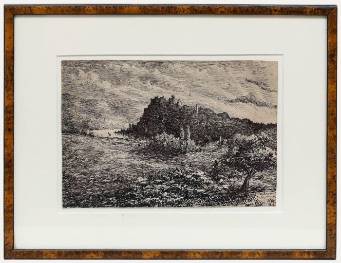 Framed 1888 Pen and Ink Drawing - Lady of the Lake