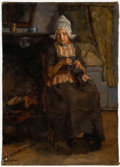 Biasini - Early 20th Century Oil, Dutch Woman Knitting