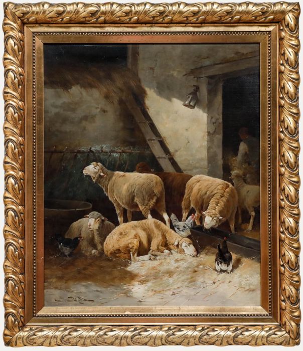Jules Gustave Bahieu (1847-1916) - 20th Century Oil, Sheep in The Barn