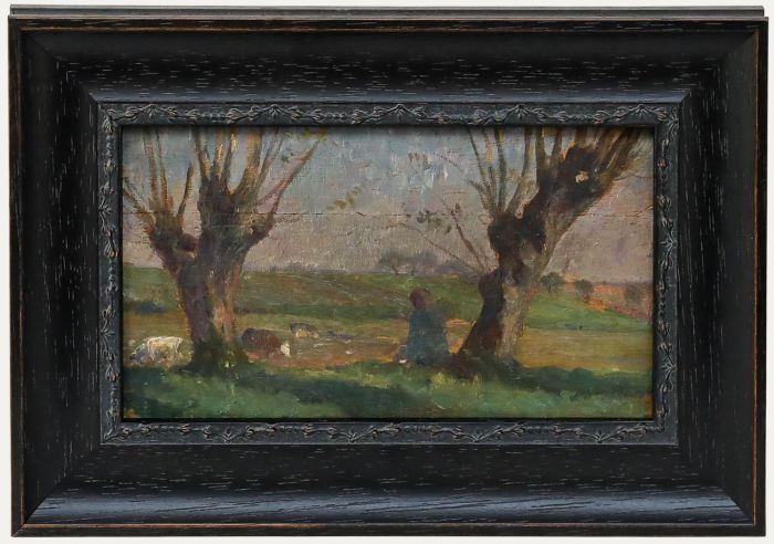French School Early 20th Century Oil - Observing Cattle