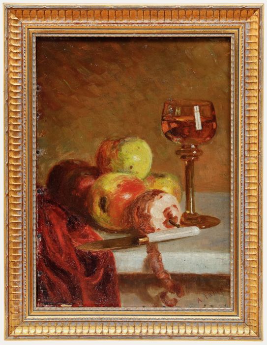 A. Fuhrmann - Framed Early 20th Century Oil, Still Life of Apples & A Wine Glass