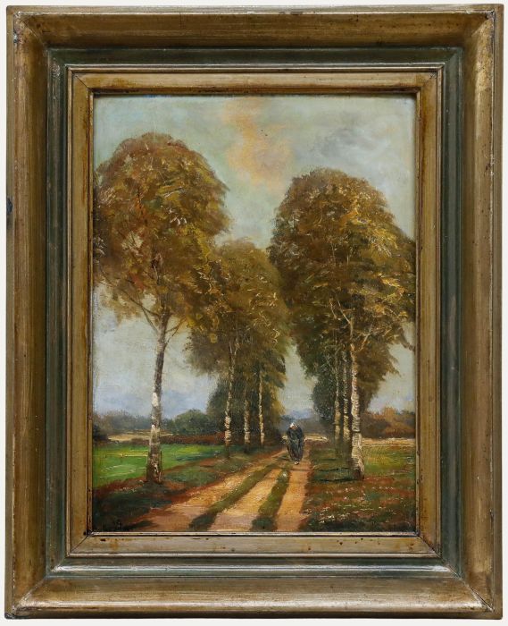 Adolf Gruttner - German School Early 20th Century Oil, Walk in the Birch Avenue