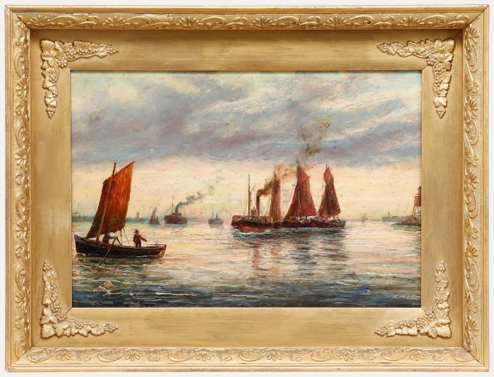 Framed Late 19th Century Oil - Shipping Off a Coastline